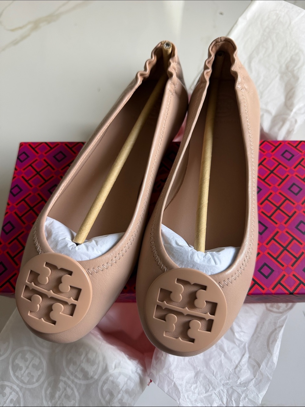Tory Burch Nude Blush Reva Logo Ballet Flats